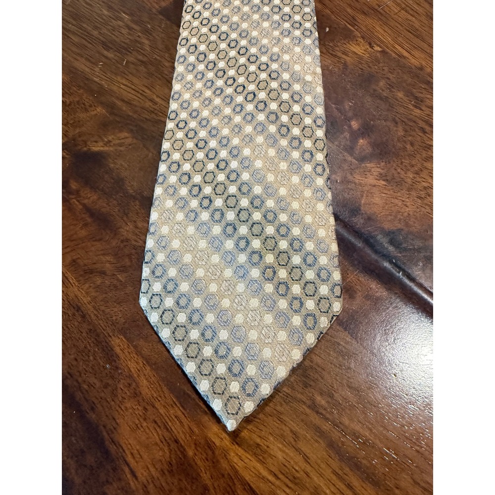 Paul Dione Mens Silk Tie Tan Gold Blue Geometric Hexagon Pattern RN 121148